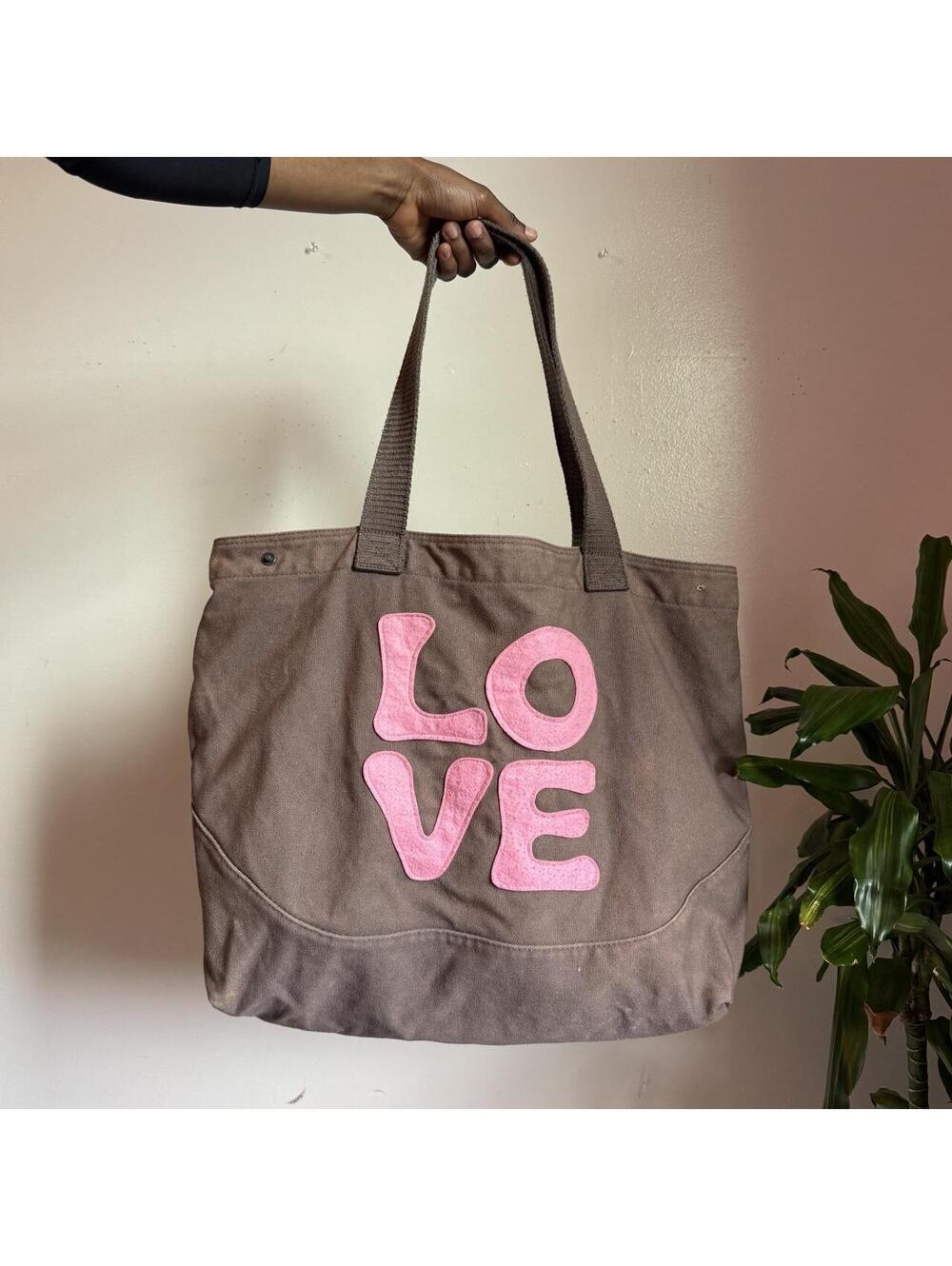Y2K Life Is Good Heavyweight Canvas Tote Bag Brown Pink LOVE Patch